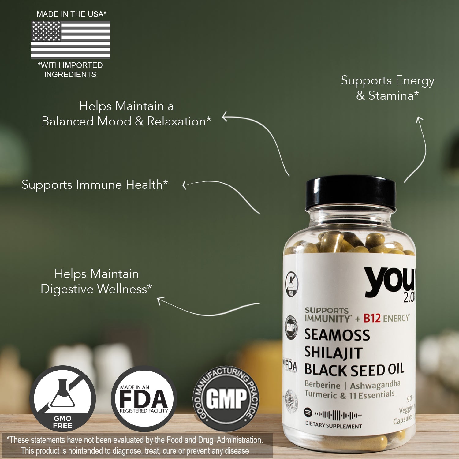 You2.0 Sea Moss Capsules Nutrient Rich Superfood with Shilajit, Ashwagandha Black Seed Turmeric Vitamin C, D, B12 Made in USA for Overall Health & Immunity Support, 90 Ct