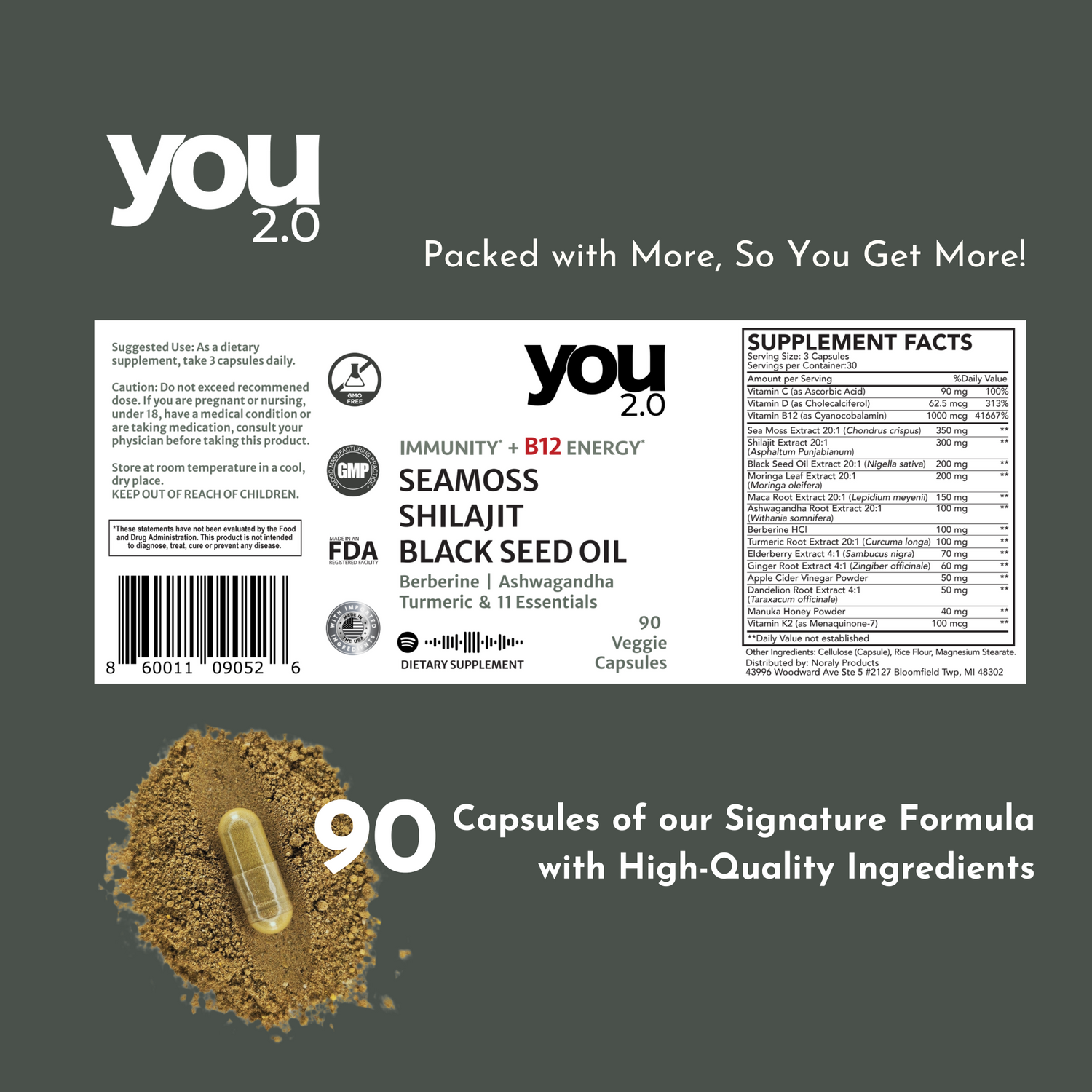 You2.0 Sea Moss Capsules Nutrient Rich Superfood with Shilajit, Ashwagandha Black Seed Turmeric Vitamin C, D, B12 Made in USA for Overall Health & Immunity Support, 90 Ct