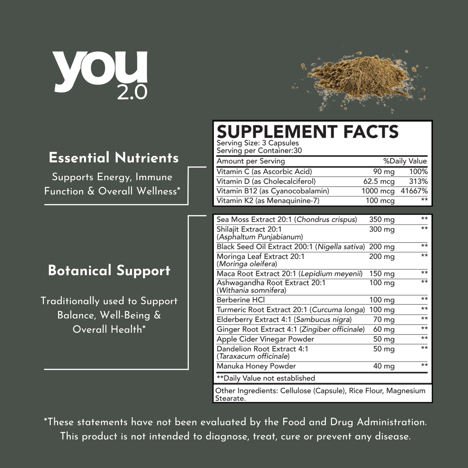 You2.0 Sea Moss Capsules Nutrient Rich Superfood with Shilajit, Ashwagandha Black Seed Turmeric Vitamin C, D, B12 Made in USA for Overall Health & Immunity Support, 90 Ct