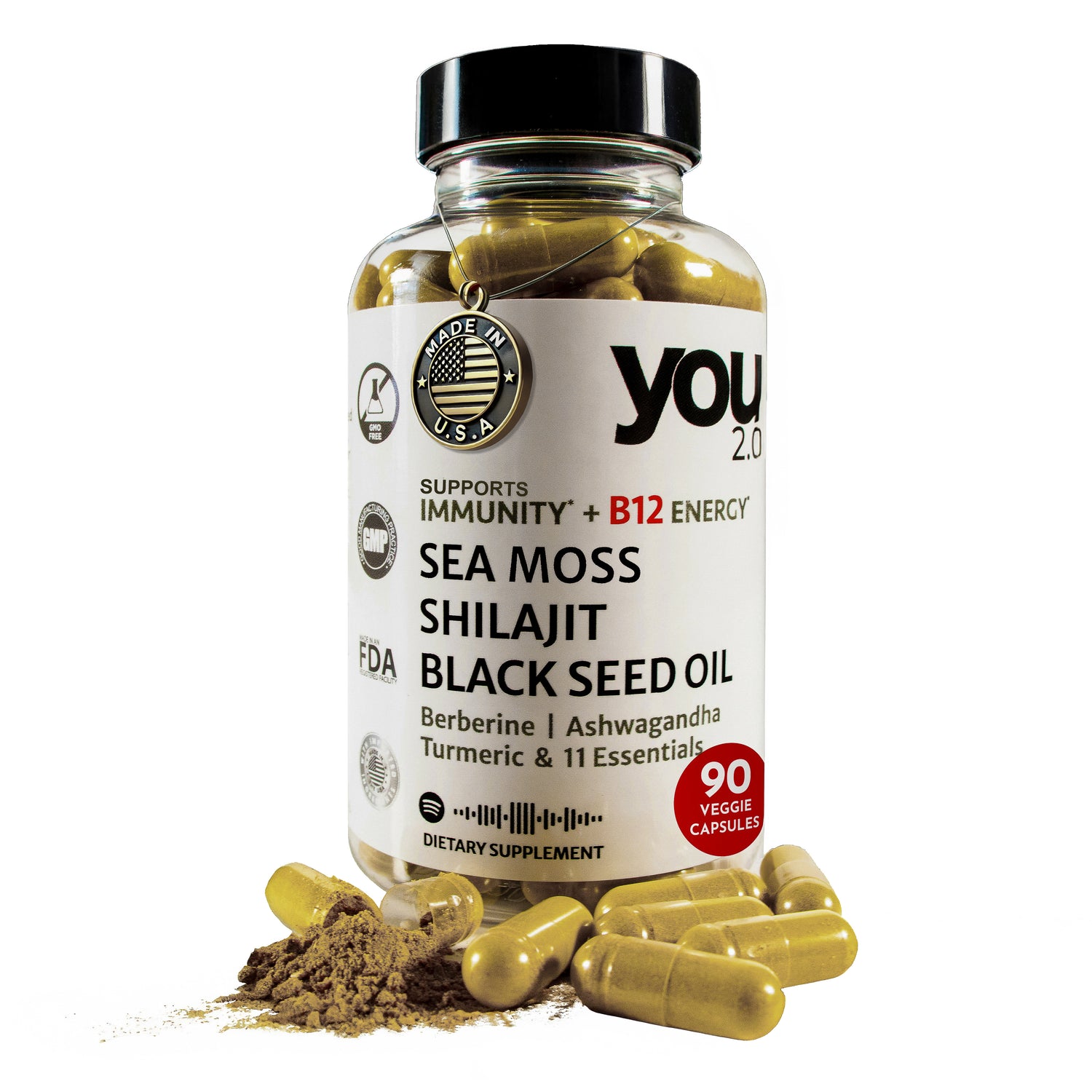 You2.0 Sea Moss Capsules Nutrient Rich Superfood with Shilajit, Ashwagandha Black Seed Turmeric Vitamin C, D, B12 Made in USA for Overall Health & Immunity Support, 90 Ct